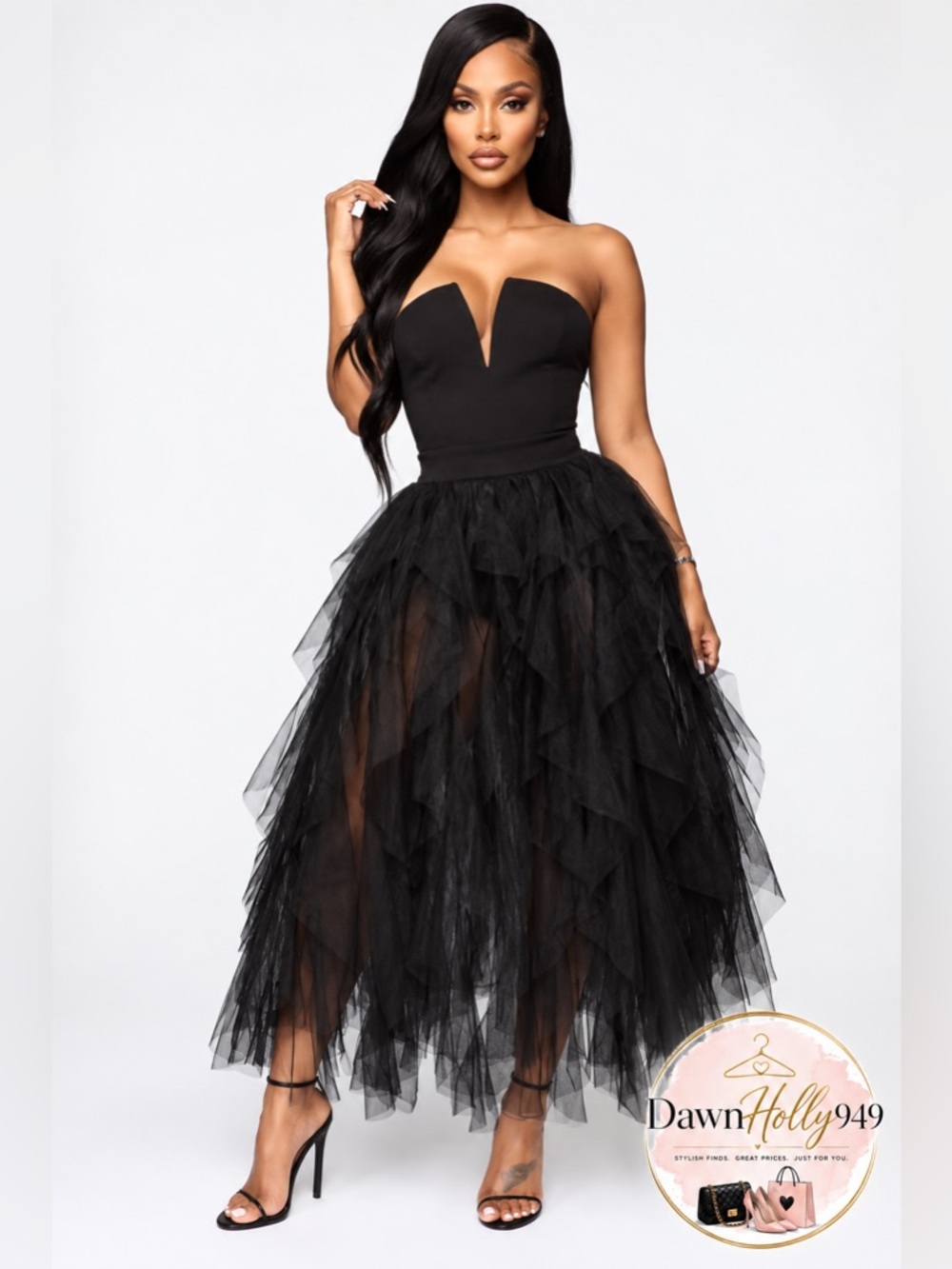 Fashion Nova Black Strapless Plunge Tulle Midi Gown